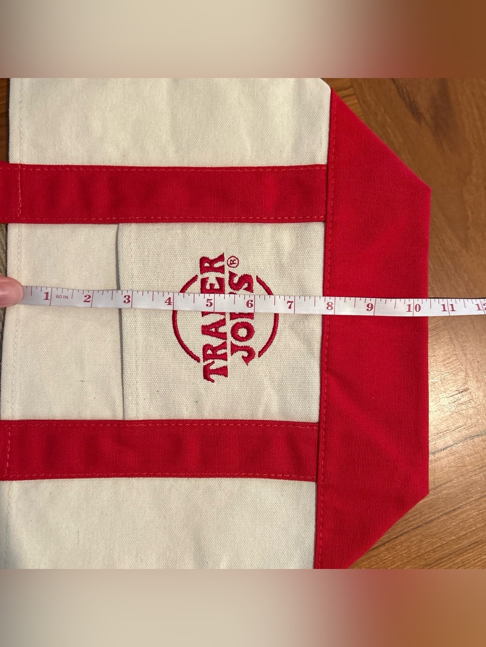 Upcycled Trader Joe's Red & Cream Holiday Tote Bag - Picture 5 of 5